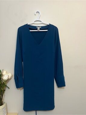 H&M Teal V-Neck Long Sleeve Shift Dress with tie around waist